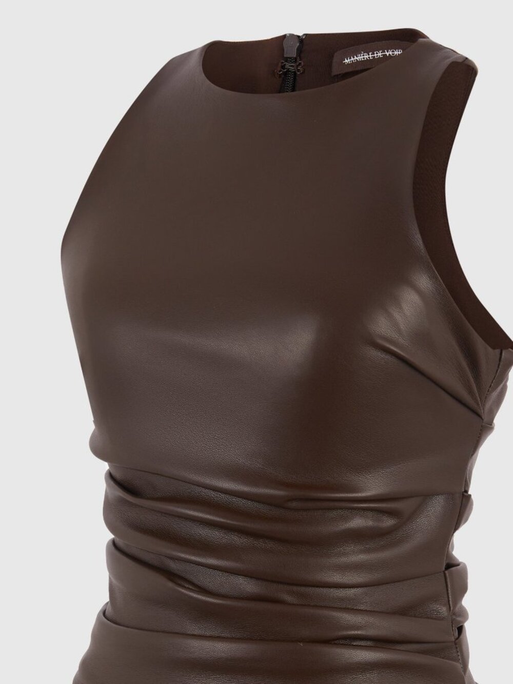NWT Maniere De Voir Yolande Vegan Leather Asymmetric Tacked Racer Top Brown US 2 - Picture 2 of 6